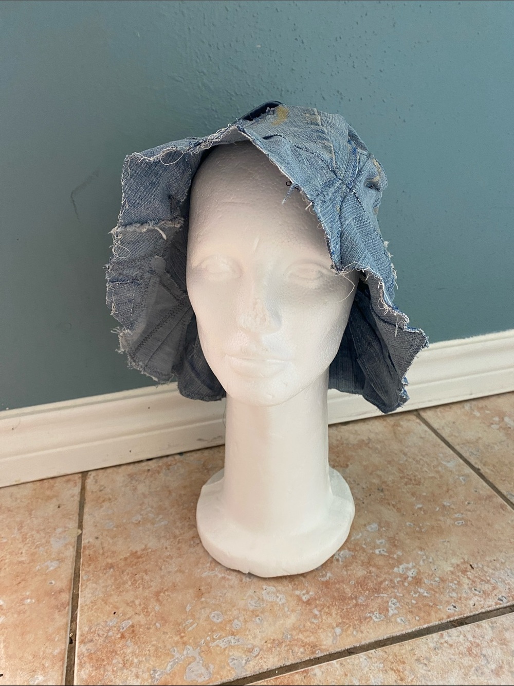 Light Blue Distressed Denim Bucket Hat for Women
